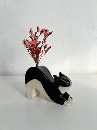 Stretching Cat Vase Tuxedo