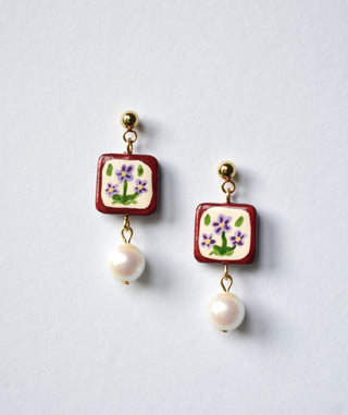 Lilac Viola with Burgundy Square Earrings