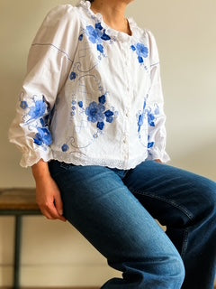 White Frill Collar Blouse with Blue Applique