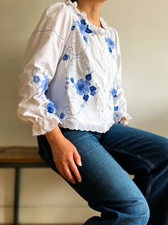 White Frill Collar Blouse with Blue Applique