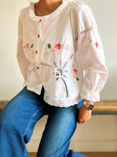 White Frill Collar Blouse with Pink Applique