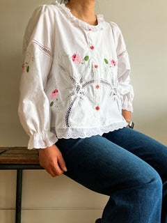 White Frill Collar Blouse with Pink Applique