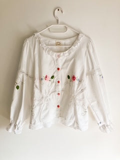 White Frill Collar Blouse with Pink Applique