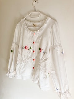 White Frill Collar Blouse with Pink Applique