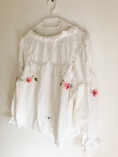 White Frill Collar Blouse with Pink Applique