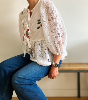 White Peplum Tie Blouse with Strawberry Applique