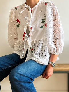 White Peplum Tie Blouse with Strawberry Applique