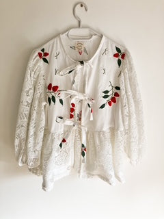 White Peplum Tie Blouse with Strawberry Applique