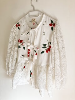 White Peplum Tie Blouse with Strawberry Applique