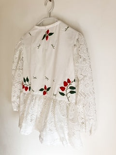 White Peplum Tie Blouse with Strawberry Applique