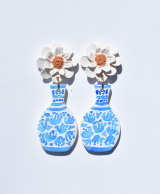 White Flower Painted Vase Earrings