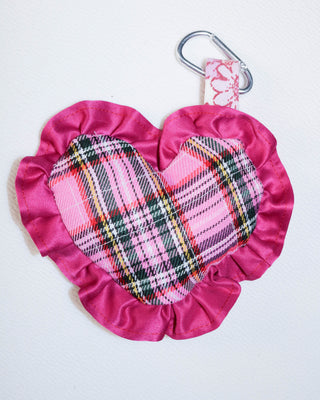 Bag charm - Pink tartan, lilac flower