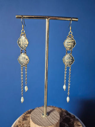 Damascene Drop Pearl Earrings