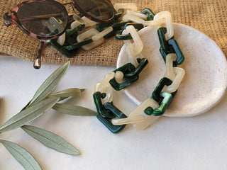 Large Oval Cream & Green Glasses Chain / Necklace