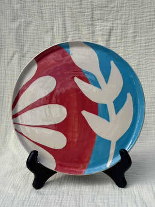 Ceramic Plate with Handpainted Leaf Design Pink-Blue
