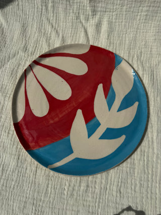 Ceramic Plate with Handpainted Leaf Design Pink-Blue