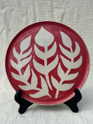 Ceramic Plate with Handpainted Leaf Design Red-Pink