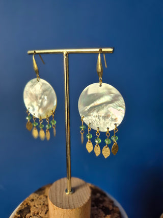 Shell Earrings with Small Faceted Green Beads