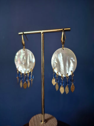 Shell Earrings with Square Blue Beads