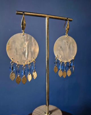 Shell Earrings with Square Blue Beads