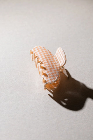 Large Curved Hair Clip - Peach Check